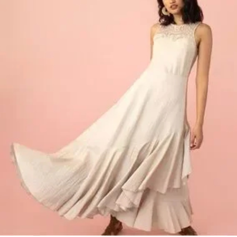 Mia Joy Joyfolie Cream Asymmetrical Layered Ruff Maxi Dress, size Small